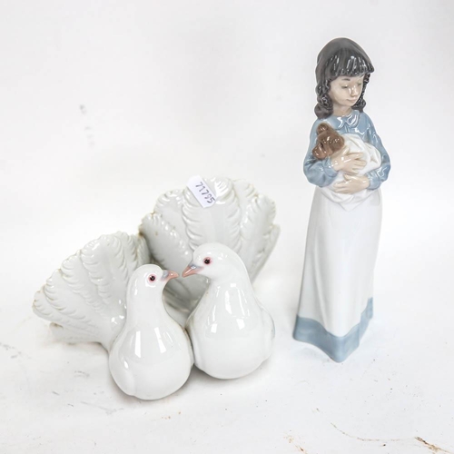 504 - Lladro porcelain doves, and a NAO girl with puppy, 23cm