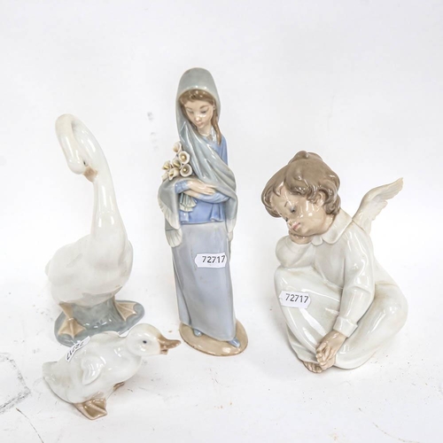 506 - Lladro porcelain angel, height 16cm, Lladro girl, and 2 NAO ducks (4)