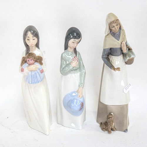 508 - Lladro girl with a basket and puppy, 26cm, and 2 NAO girl figures