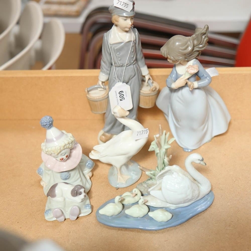 509 - Lladro Dutch boy with pails of milk, 21cm, Lladro clown and puppy, duck, swan, and a NAO girl (5)