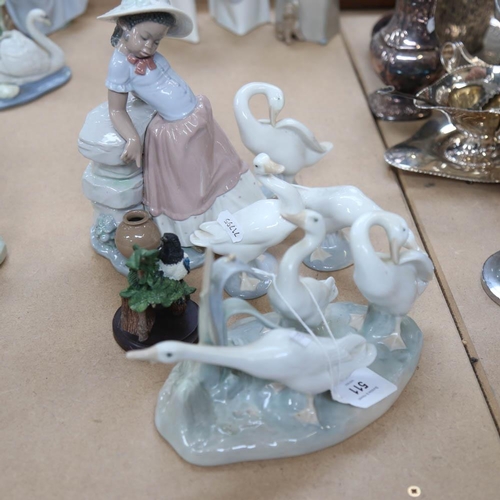 511 - Lladro child wearing a hat, 21cm, 4 Lladro birds, and a Oiseaux magpies