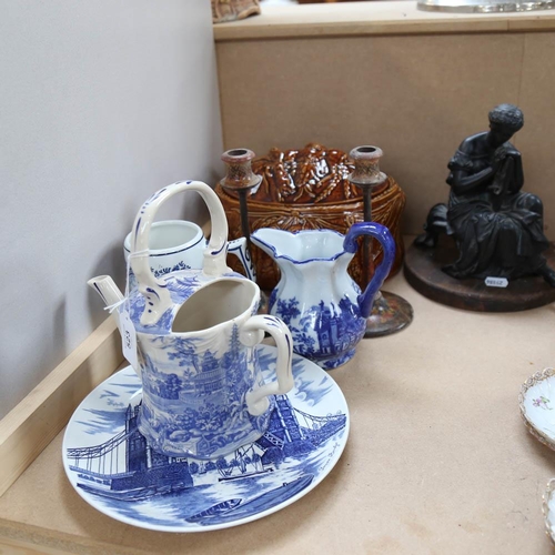 523 - Port Meirion tureen, Kashmiri candlesticks, spelter lady, and blue and white china