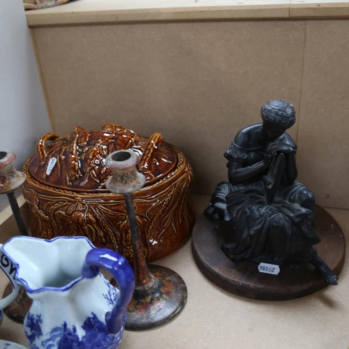 523 - Port Meirion tureen, Kashmiri candlesticks, spelter lady, and blue and white china