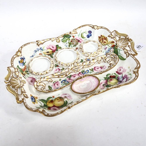 529 - A Victorian porcelain stand, with painted fruit and floral decoration, length 36cm