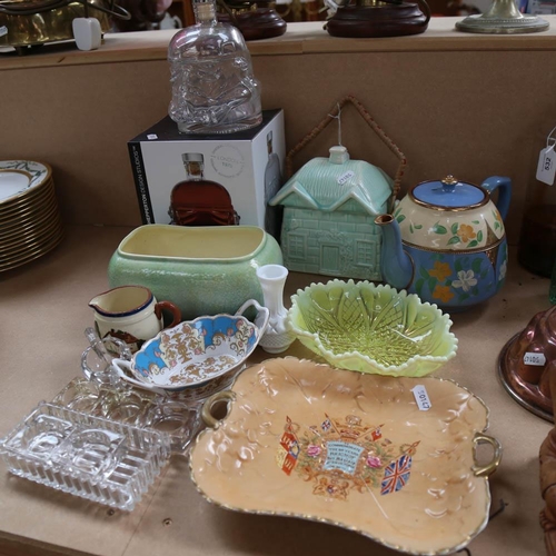 531 - 1897 Victoria Commemorative dish, 26cm across, teapot, Star Wars Decanter, desk items etc