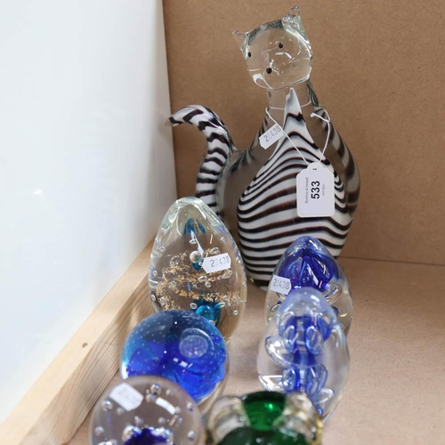 533 - A striped glass cat, 26cm, Murano glass pot, and various paperweights