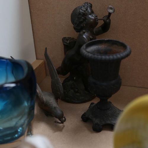 538 - Bronze cherub, 19.5cm, urn, birds, Art glass vase, and other figures