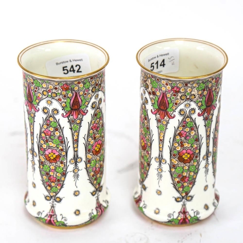 542 - A pair of Royal Worcester painted and gilded cylinder vases, pattern no. 2510, retailed by Mappin & ... 