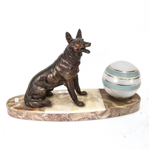 546 - An Art Deco figural Alsatian dog lamp, sectional veined marble base, with spelter figure and origina... 