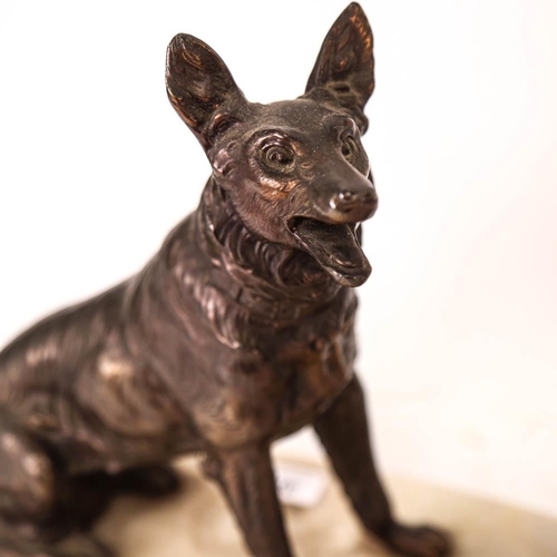 546 - An Art Deco figural Alsatian dog lamp, sectional veined marble base, with spelter figure and origina... 