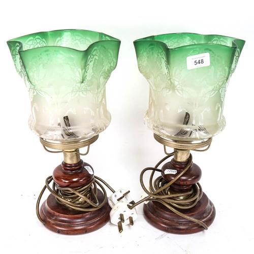 548 - A pair of converted brass oil lamps, with etched green glass shades, height 35cm