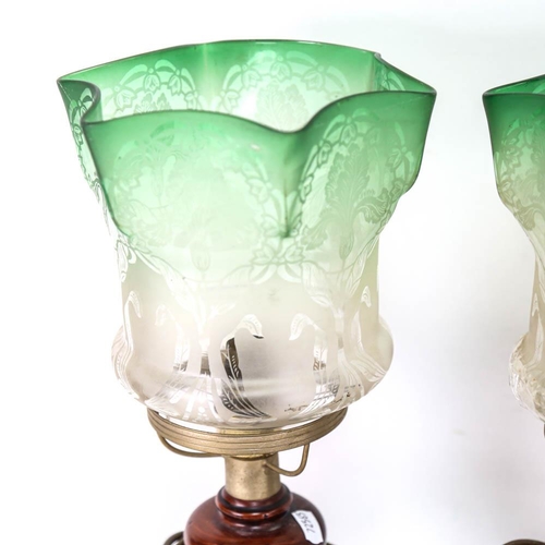 548 - A pair of converted brass oil lamps, with etched green glass shades, height 35cm