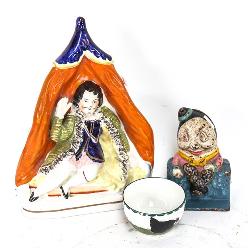 558 - Staffordshire figure, 25cm, Pountneys Pot, and a painted cast-iron Humpty Dumpty moneybox