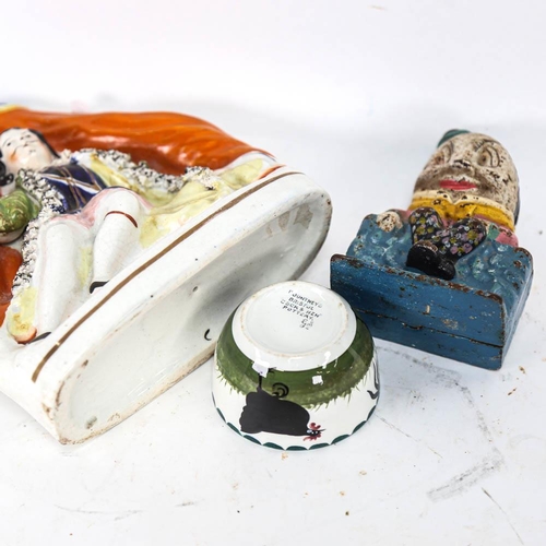 558 - Staffordshire figure, 25cm, Pountneys Pot, and a painted cast-iron Humpty Dumpty moneybox