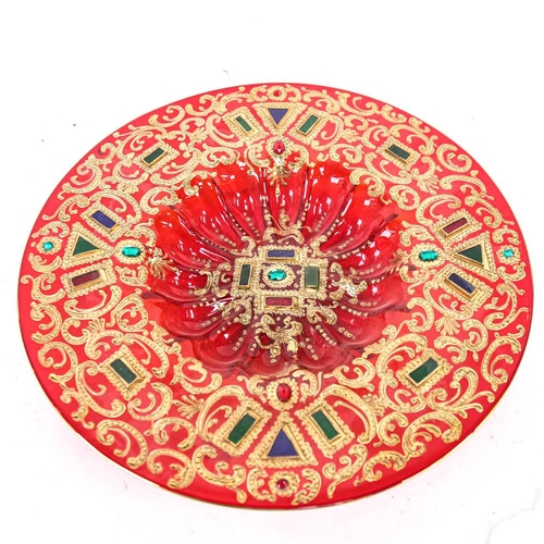 587 - Middle Eastern red glass dish, with jewelled and gilded decoration, 41cm