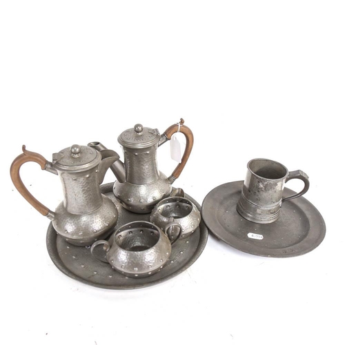 597 - 4-piece pewter tea set on tray, half pint pewter mug, and a plate