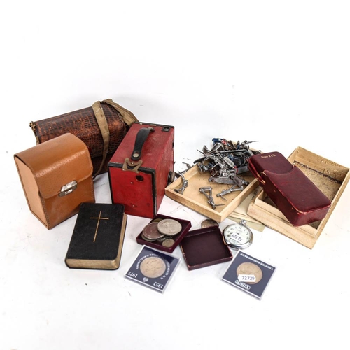 598 - A red Brownie box camera, WW1 postcards, lead military figures etc