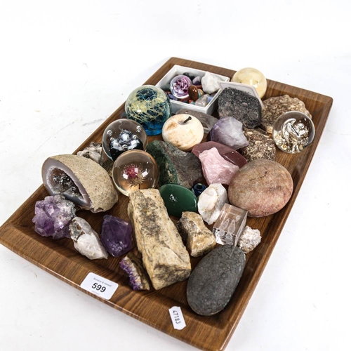 599 - A tray of fossils, minerals, Mdina paperweight etc