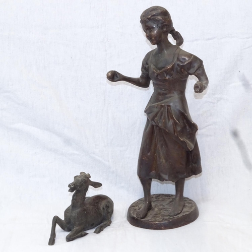 600 - Bronze figure of a girl on circular plinth, height 38cm, and a metal figure of a deer