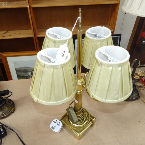 604 - A pair of brass table lamps and shades, 39cm, a 4-branch brass lamp, and a pair of table lamps