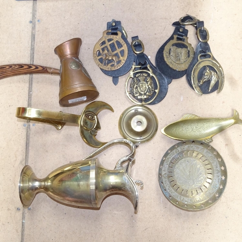 621 - Plated lidded jug, various brass items etc