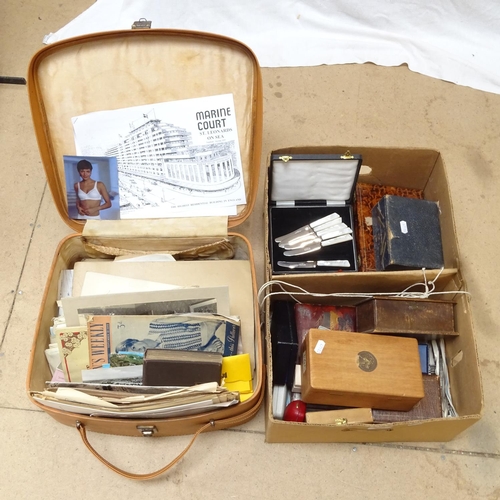 628 - Various boxes, cased cutlery, frames etc, and a vanity case with various ephemera