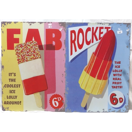 634 - 2 reproduction tin advertising signs for ice creams, height 70cm