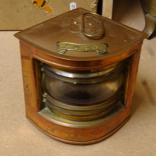 643 - A brass coal bin, a copper and brass churn, height 41cm, 2 lamps, bellows, and a spirit kettle