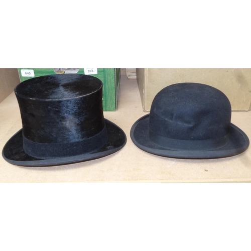 644 - A Vintage black top hat, internal measurements 15.5cm x 19.5cm, and a bowler hat by Bennetts of Lond... 