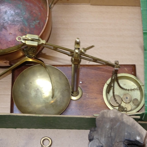 649 - Coal bucket with ceramic handles, a carving, a clock, scale etc