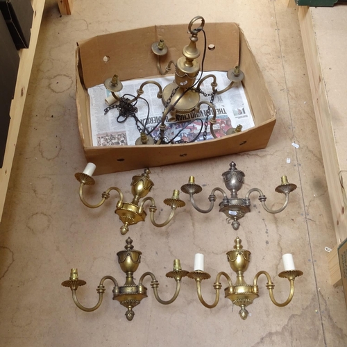 655 - A Vintage brass 5-branch chandelier, and matching set of 4 twin-branch wall sconces, chandelier heig... 