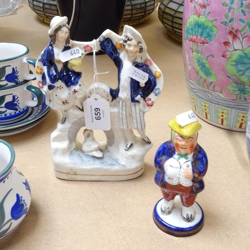 659 - A Staffordshire group, a Staffordshire desk sander, and Art pottery painted tea set