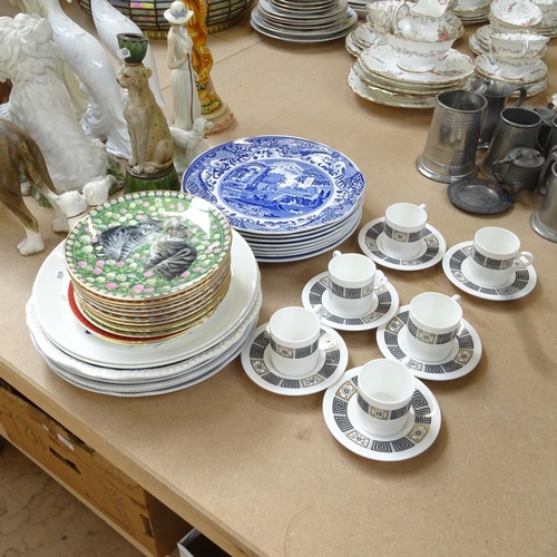 663 - A collection of cat plates, Spode Blue Room and other plates, and a set of 6 Wedgwood coffee cans an... 