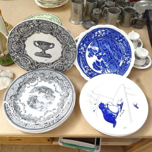 663 - A collection of cat plates, Spode Blue Room and other plates, and a set of 6 Wedgwood coffee cans an... 