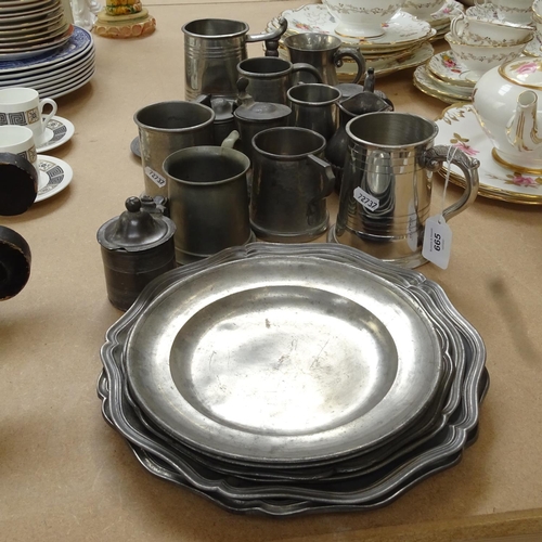 665 - Various pewter mugs and plates