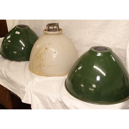 2494 - 2 Vintage industrial enamelled metal light shades, largest height 35cm, diameter 45cm