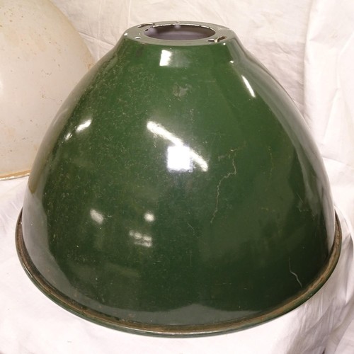 2494 - 2 Vintage industrial enamelled metal light shades, largest height 35cm, diameter 45cm