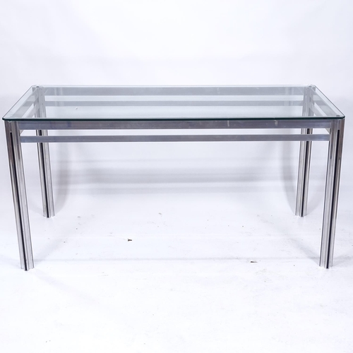 2027 - A contemporary style rectangular console table, on aluminium frame, with shaped glass top, W146cm, H... 