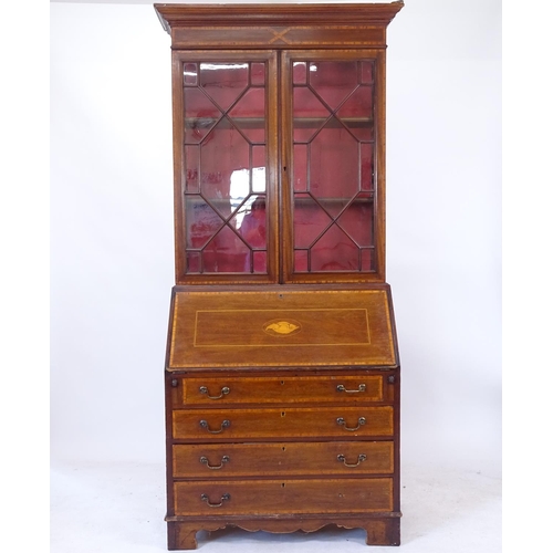 2085 - An Edwardian mahogany and satinwood-banded bureau bookcase, W100cm, H215cm, D46cm