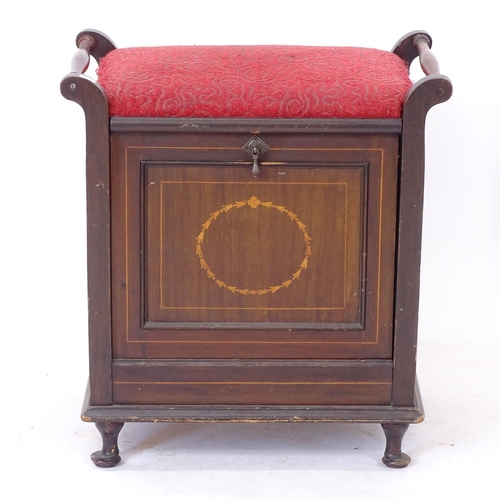 2098 - An Edwardian mahogany and satinwood decoration upholstered piano stool, W55cm, H59cm and an oak barl... 