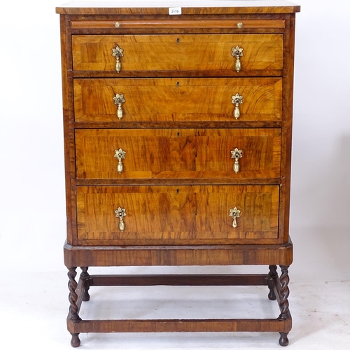 2119 - A 1930s walnut chest on stand, with brushing slide, 4 long drawers under, on barley twist legs, W77c... 