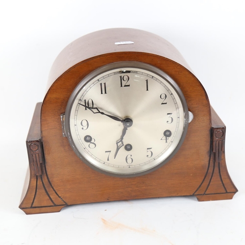 103 - An early 20th century Art Nouveau mahogany dome-top 8-day chiming mantel clock, silvered dial with A... 