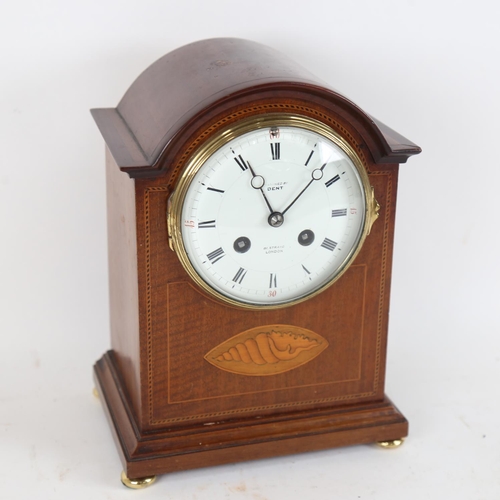 109 - An early 20th century mahogany 8-day dome-top mantel clock, examined by Dent of London, white enamel... 