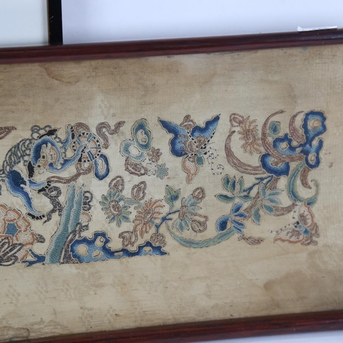 119 - A Chinese silk embroidered panel, with Kylin and flowers in Hongmu frame, and an Oriental horse prin... 