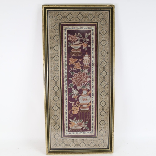 120 - A Chinese silk embroidered and gold braid panel, framed, overall frame dimensions 70cm x 33cm