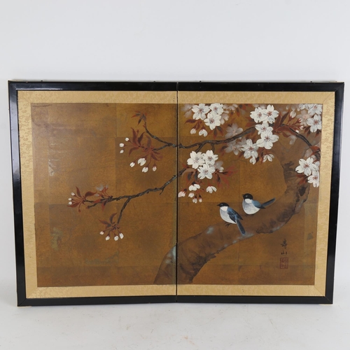 121 - An Oriental watercolour panel table screen, birds and flowers, signed, framed, overall 43cm x 61cm