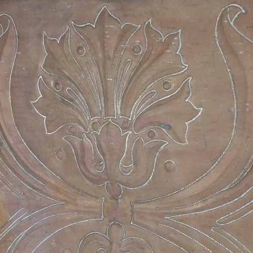 62 - A large Art Nouveau copper plaque, relief embossed floral decoration, unsigned, 58cm x 80cm