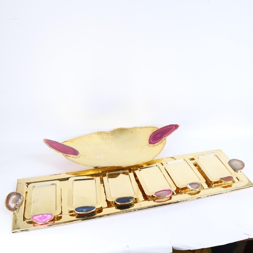 79 - A very ornate Moroccan agate slice gilt-metal serving set, tray and fruit bowl, largest tray length ... 