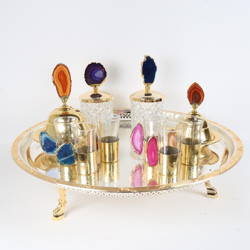 80 - A very ornate Moroccan agate slice and gilt-metal tea set, including large circular tray, 6 tea cups... 