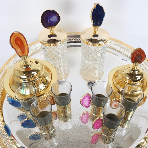 80 - A very ornate Moroccan agate slice and gilt-metal tea set, including large circular tray, 6 tea cups... 